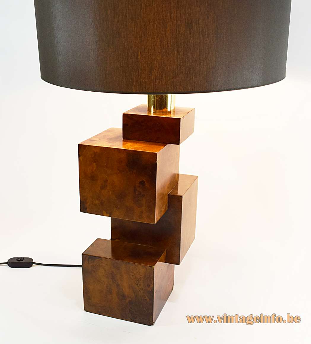 Burr walnut cityscape table lamp geometric wood cubes base round brown tubular lampshade 1960s 1970s Italy