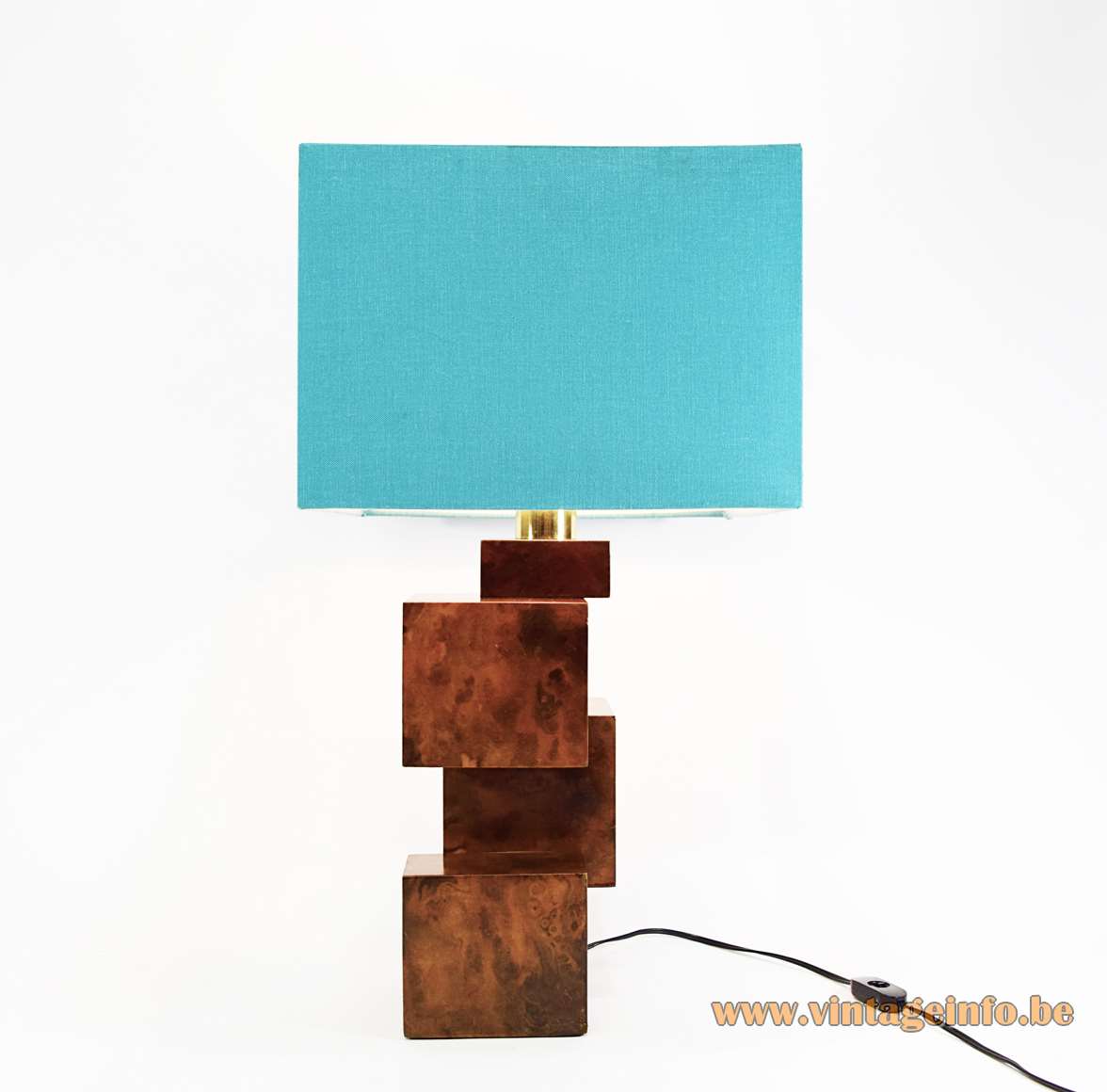 Burl walnut cityscape table lamp geometric wood cubes base square light blue fabric lampshade 1960s 1970s Italy