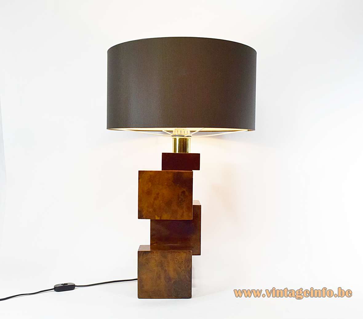 Burr walnut cityscape table lamp geometric wood cubes base round brown tubular lampshade 1960s 1970s Italy