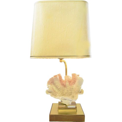 Antler coral table lamp rectangular wood brass base brass rod fabric lampshade Willy Daro 1970s vintage