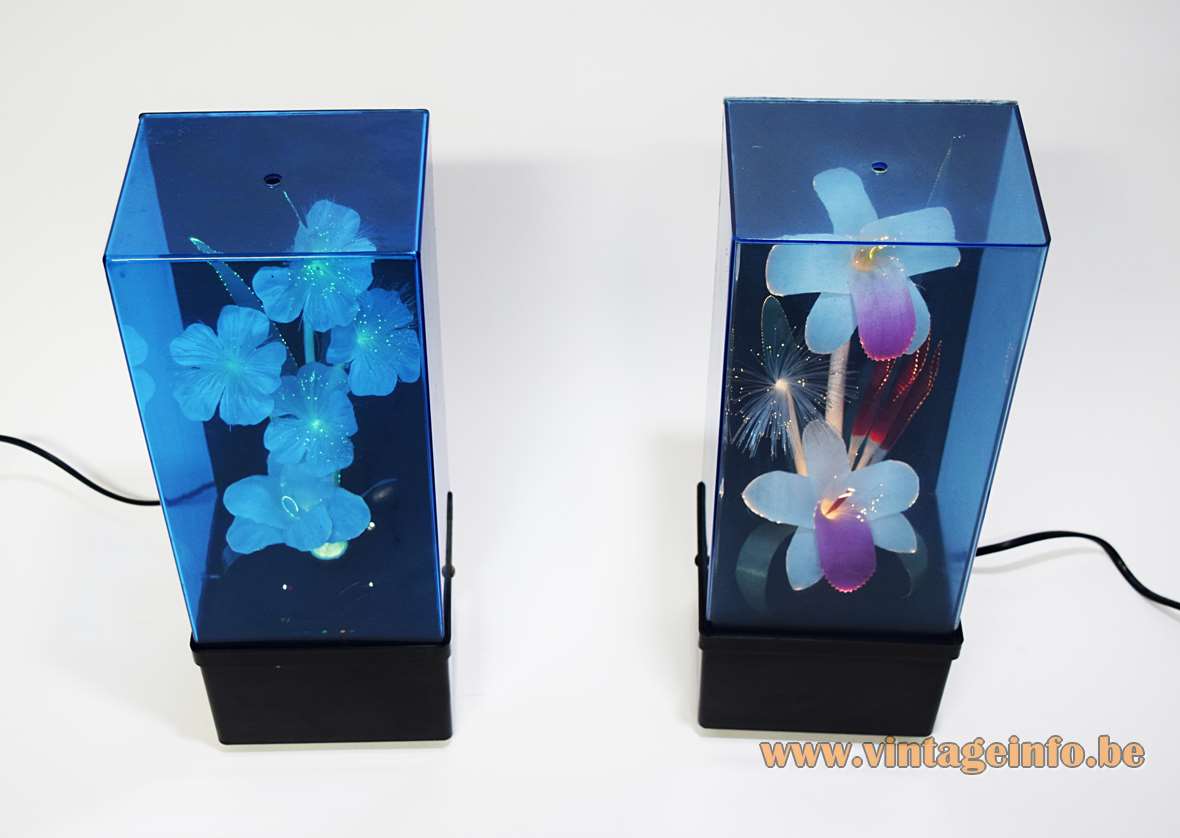 Fibreglass flower kitsch table lamps with a square black plastic base changing colours 1970s 1980s Massive