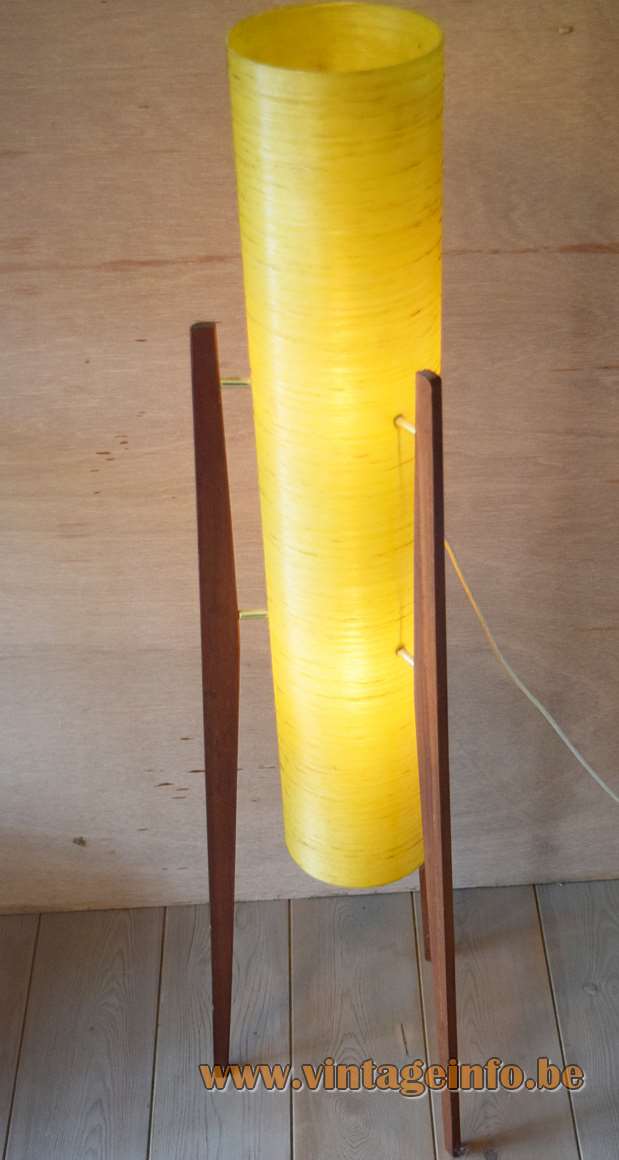 Fibreglass rocket floor lamp tripod teak legs orange-yellow tubular lampshade 1950s 1960s Novoplast Czech Republic