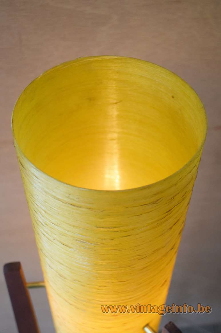Fibreglass rocket floor lamp tripod teak legs orange-yellow tubular lampshade 1950s 1960s Novoplast Czech Republic