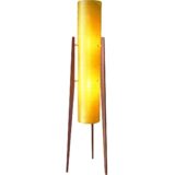 Fibreglass rocket floor lamp tripod teak legs base orange-yellow tubular lampshade 1960s 1970s Sheerlite United Kingdom