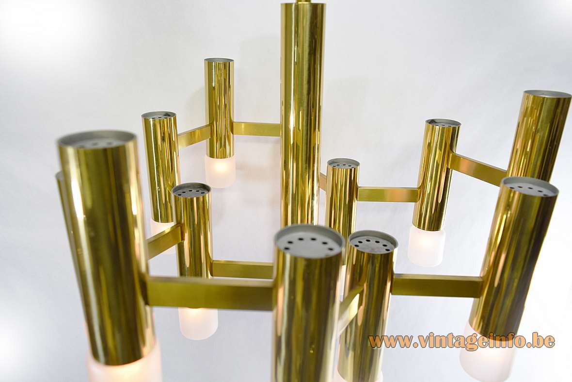 Gaetano Sciolari brass chandelier metal tubes & rods Neolamp light bulbs Boulanger 1960s 1970s E14 lamp sockets