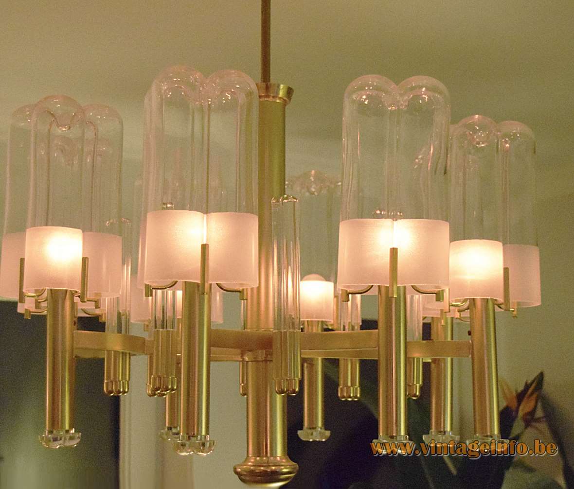 Gaetano Sciolari brass & crystal glass chandelier 8 clear lampshades beads & rods Italy 1960s 1970s design