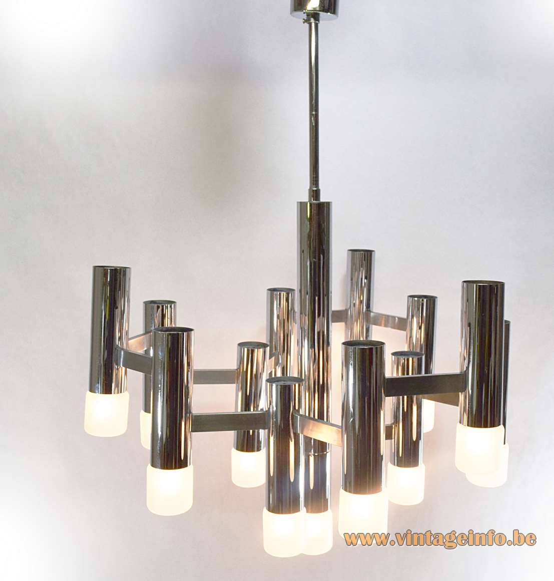 Gaetano Sciolari chrome tubular chandelier slats rods 13 Neolamp bulbs Boulanger Belgium 1960s 1970s