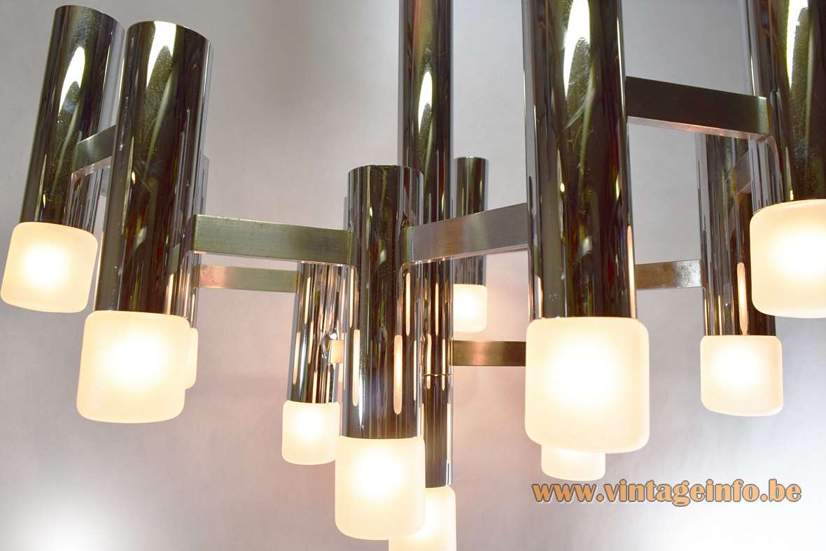 Gaetano Sciolari chrome tubular chandelier slats rods 13 Neolamp bulbs Boulanger Belgium 1960s 1970s