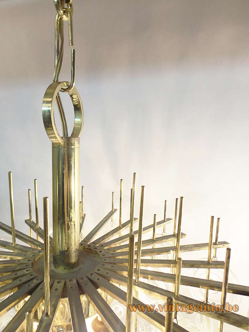 Gaetano Sciolari style lens chandelier brass rods frame 42 glass discs lampshade Oscar Torlasco 1960s 1970s 