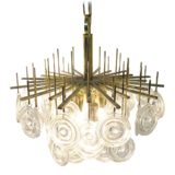 Gaetano Sciolari style lens chandelier brass rods frame 42 glass discs lampshade Oscar Torlasco 1960s 1970s