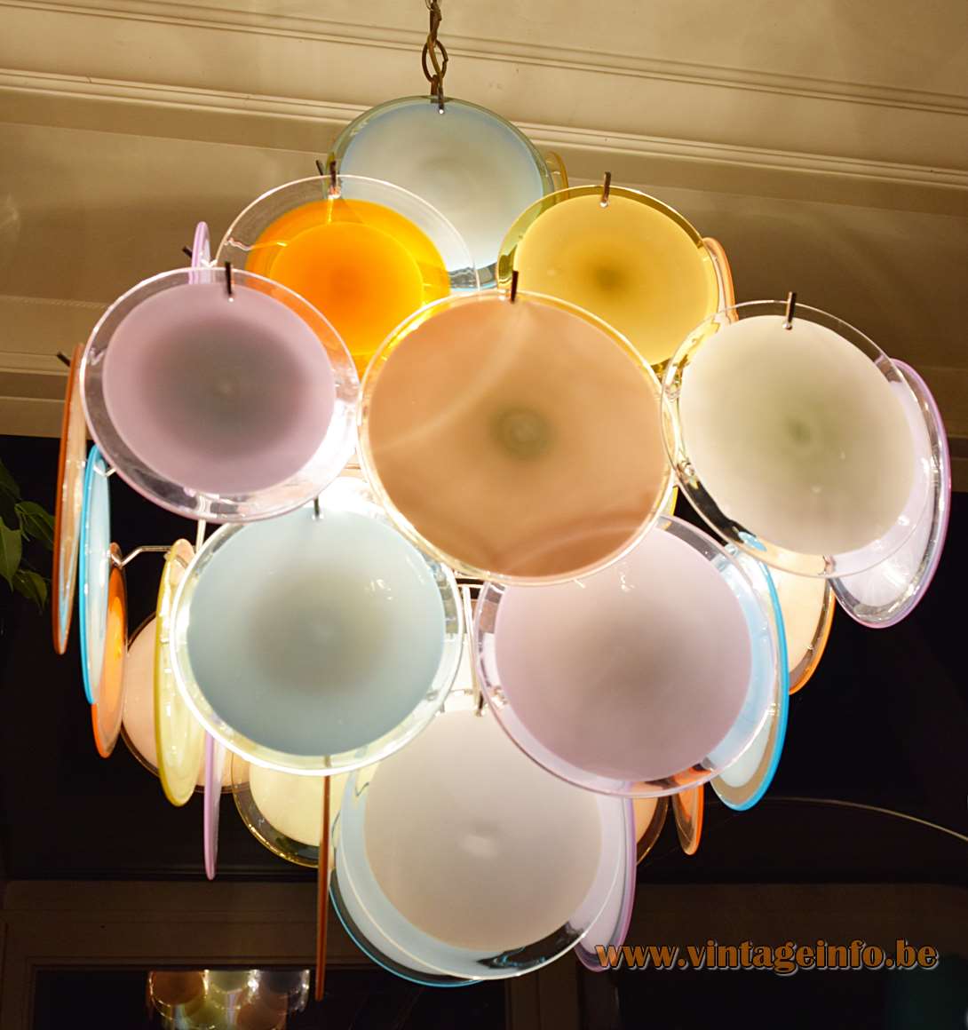 Gino Vistosi multi coloured discs chandelier 36 Murano dishes chrome wire frame 1960s 1970s Mazzega Italy vintage