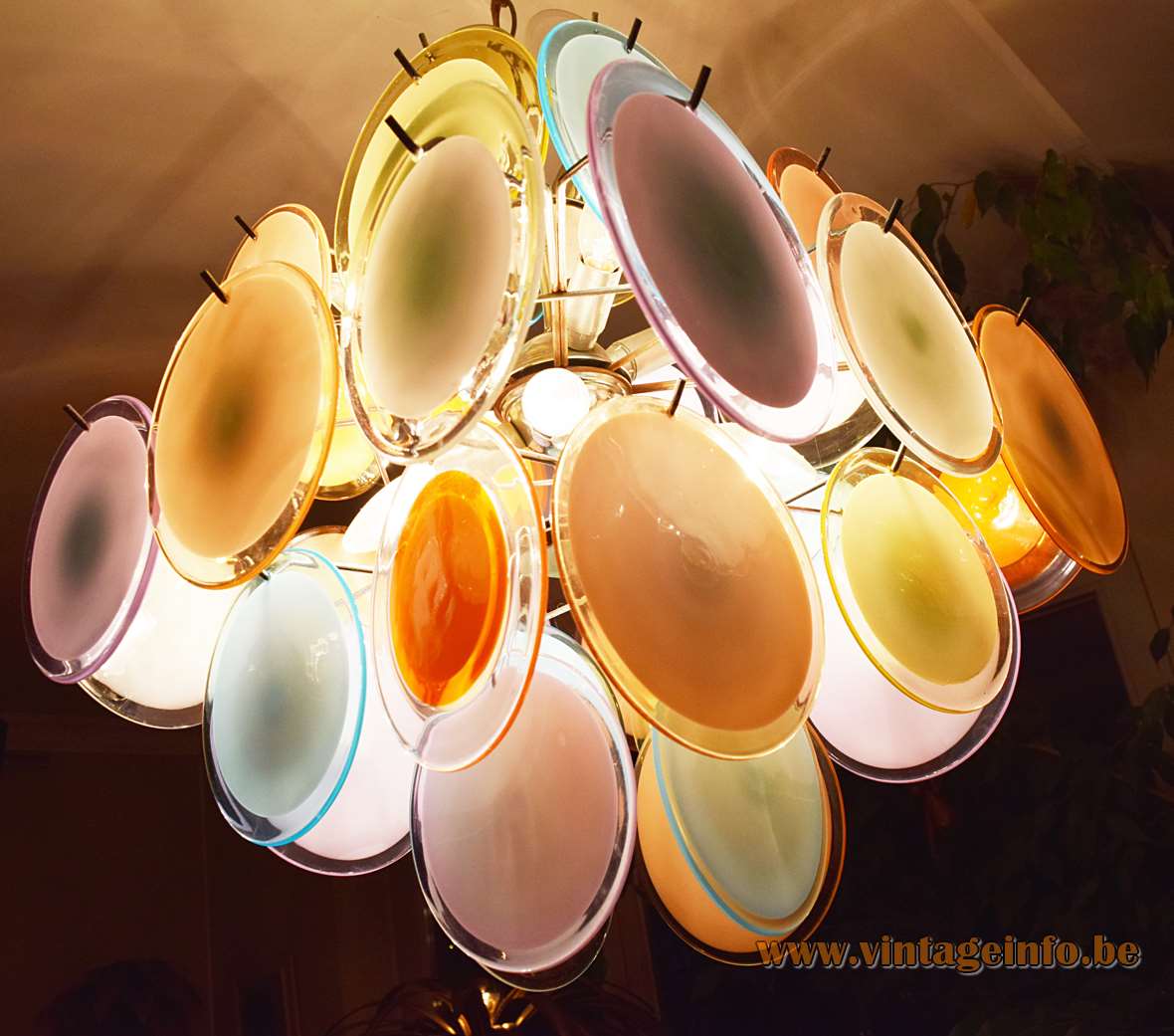 Gino Vistosi multi coloured discs chandelier 36 Murano dishes chrome wire frame 1960s 1970s Mazzega Italy vintage