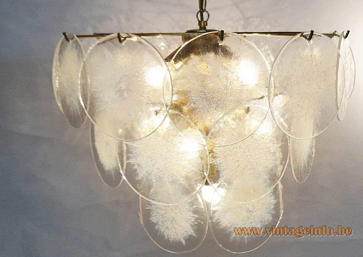 White and translucent discs chandelier 27 Murano dishes chrome wire frame 1960s Mazzega 1970s Vistosi Italy vintage