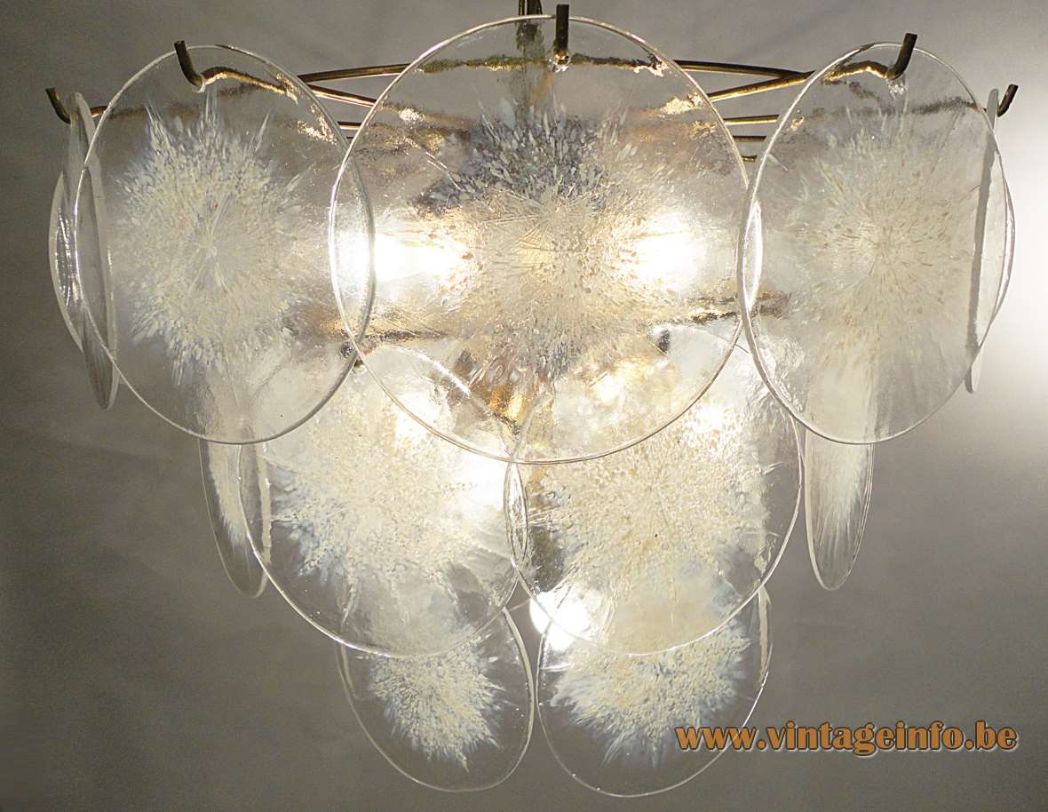 White and translucent discs chandelier 27 Murano dishes chrome wire frame 1960s Mazzega 1970s Vistosi Italy vintage