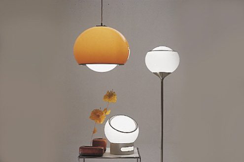 Harvey Guzzini Bud Pendant Lamp & Flash and Clan Floor Lamps in the 1968 catalogue