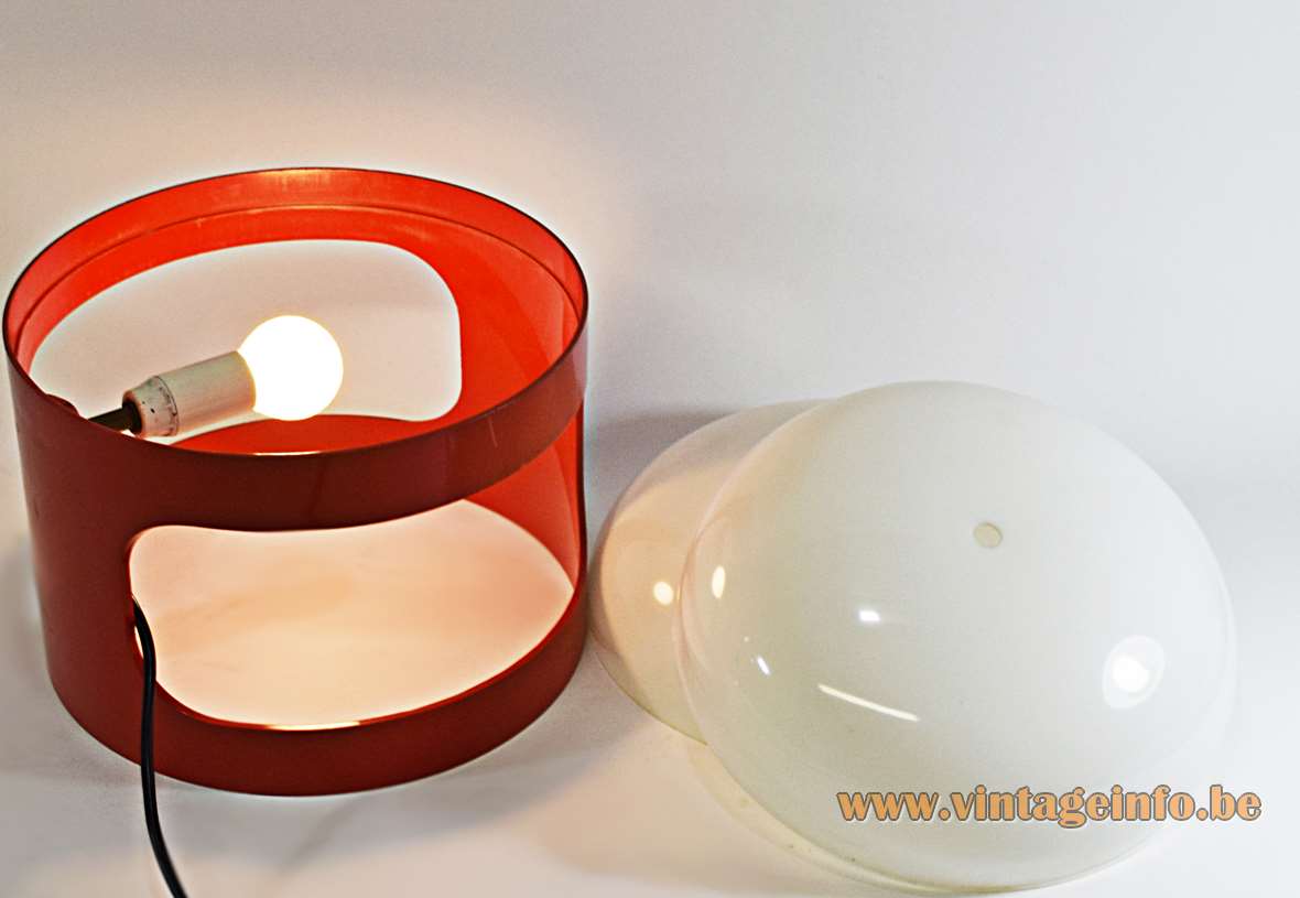 Joe Colombo KD 27 Kartell table lamp red plastic base white oval globe lampshade 1960s 1970s