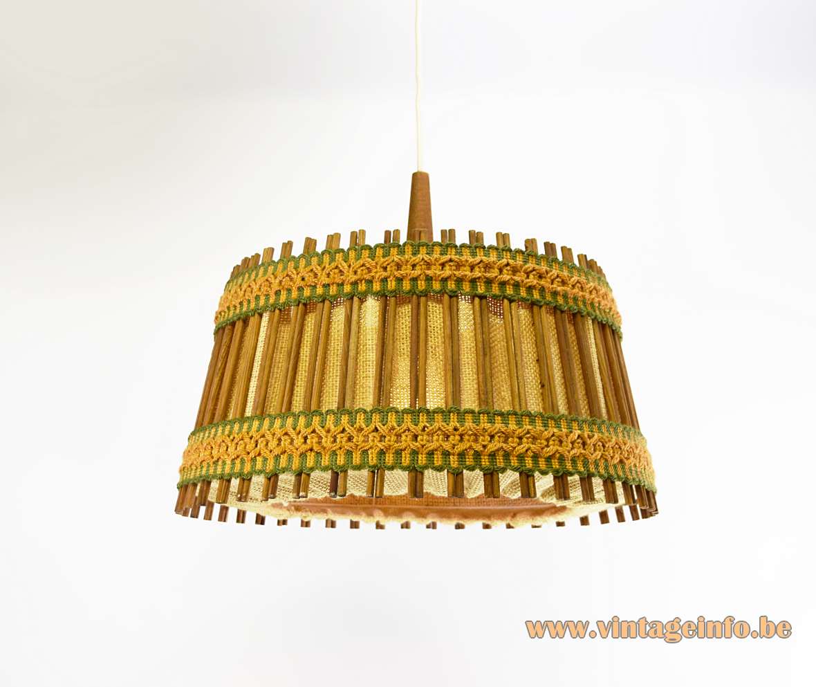 Jute and teak pendant lamp round fabric & wood lampshade orange-green ribbons 1960s Massive Belgium
