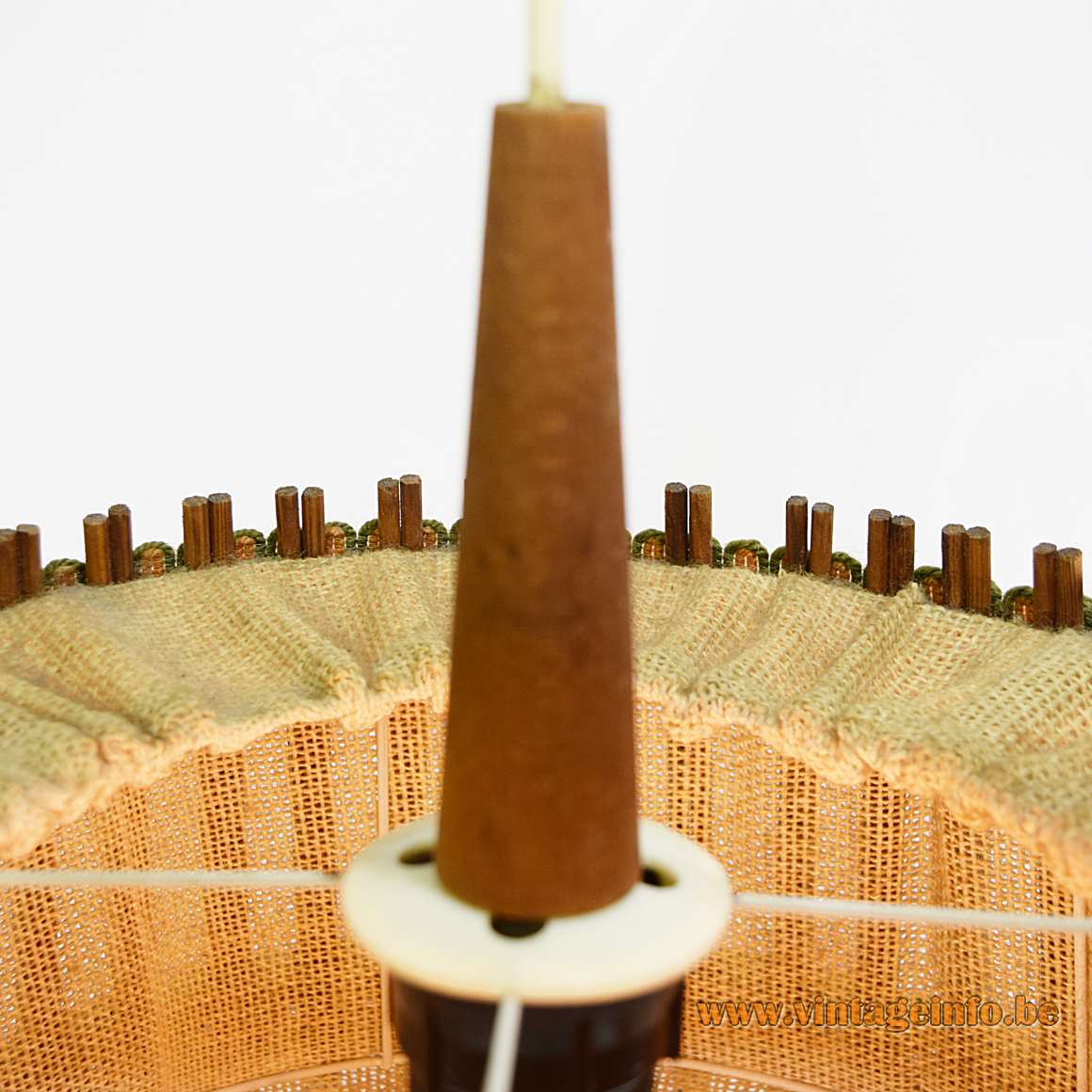 Jute and Teak Pendant Lamp round lampshade orange green ribbon fabric wooden sticks 1960s Massive Belgium MCM
