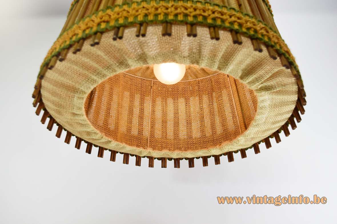 Jute and teak pendant lamp round fabric & wood lampshade orange-green ribbons 1960s Massive Belgium