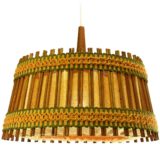 Jute and teak pendant lamp round fabric & wood lampshade orange-green ribbons 1960s Massive Belgium