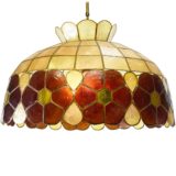 Large Capiz chandelier windowpane oyster shells lampshade brass soldered mother of pearl pendant lamp 1960s Massive