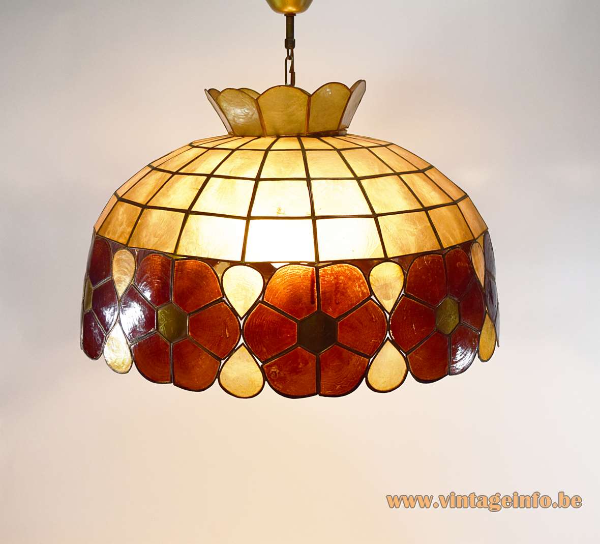 Large Capiz chandelier windowpane oyster shells lampshade brass soldered mother of pearl pendant lamp 1960s Massive