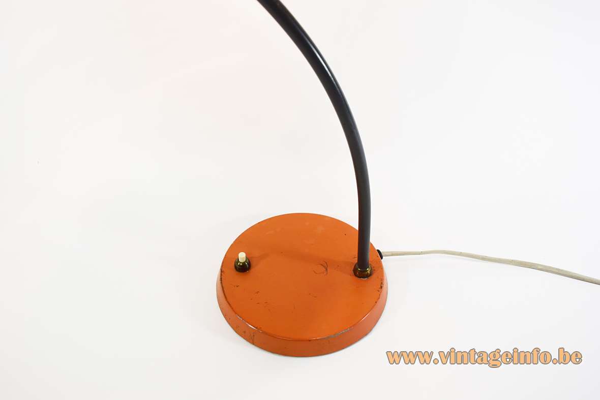 Louis Kalff Junior desk lamp black curved rod orange base mushroom lampshade Philips 1950s 1960s