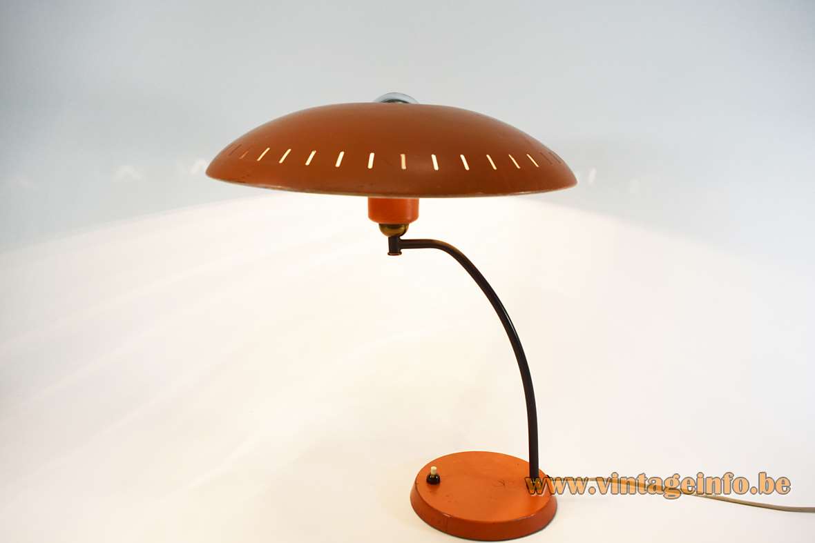 Louis Kalff Junior desk lamp black curved rod orange base mushroom lampshade Philips 1950s 1960s