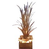 Maison Jansen cattail and water lilies floor lamp burned brass leaves square base pebbles 1970s France