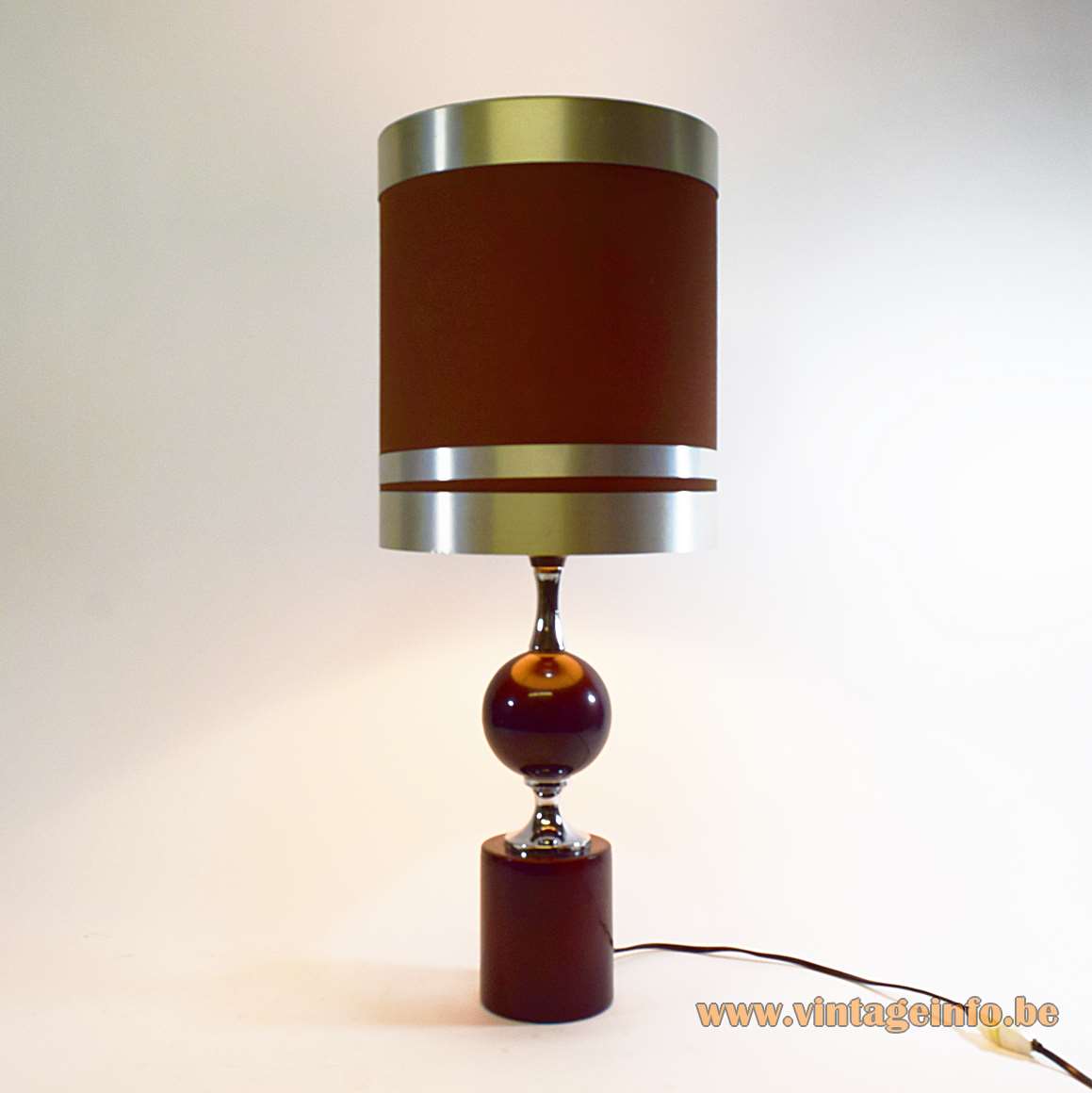 Philippe Barbier aubergine table lamp round metal base chrome globe tubular fabric lampshade 1960s 1970s France
