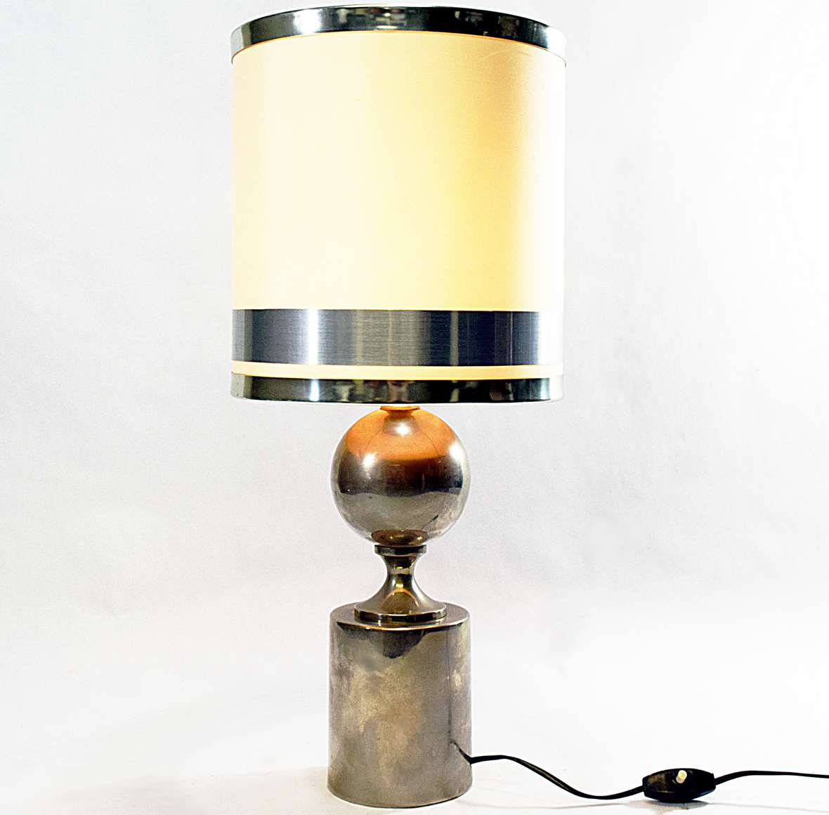 Philippe Barbier nickel-plated table lamp metal base & globe lampshade with 3 chrome rings France 1970s