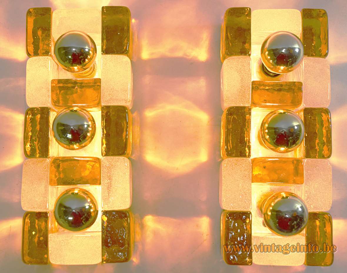 Poliarte wall lamps design: Albano Poli square amber & opal glass blocks rectangular metal base 1960s 1970s
