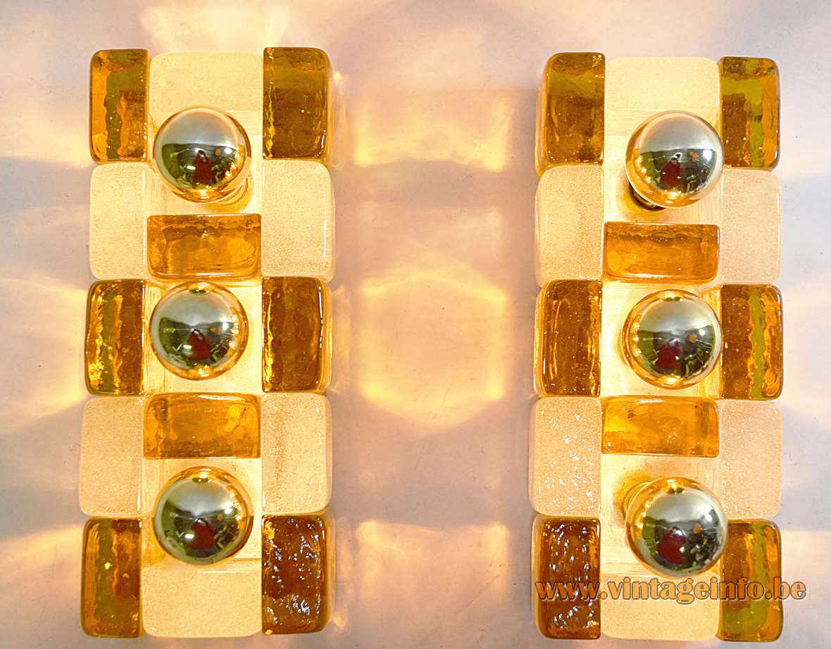 Poliarte wall lamps design: Albano Poli square amber & opal glass blocks rectangular metal base 1960s 1970s