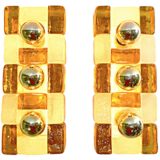 Poliarte wall lamps design: Albano Poli square amber & opal glass blocks rectangular metal base 1960s 1970s