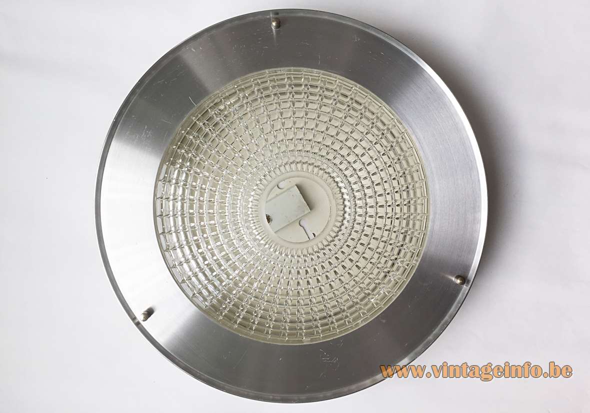 Raak flush mount B-1043 clear pressed embossed glass lampshade aluminium ring 1960s 1970s The Netherlands