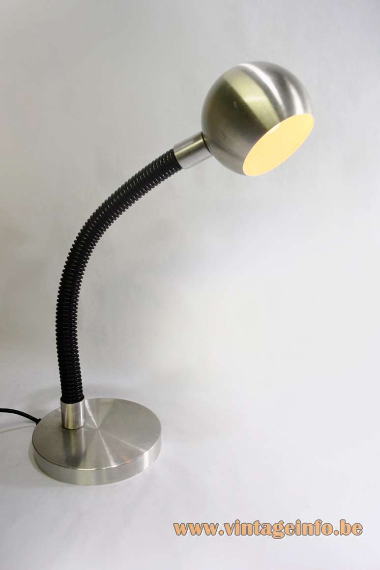 Raak Serpent desk lamp round aluminium base eyeball globe black hose gooseneck E27 socket 1960s 1970s