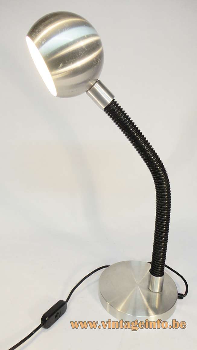 Raak Serpent desk lamp round aluminium base eyeball globe black hose gooseneck E27 socket 1960s 1970s