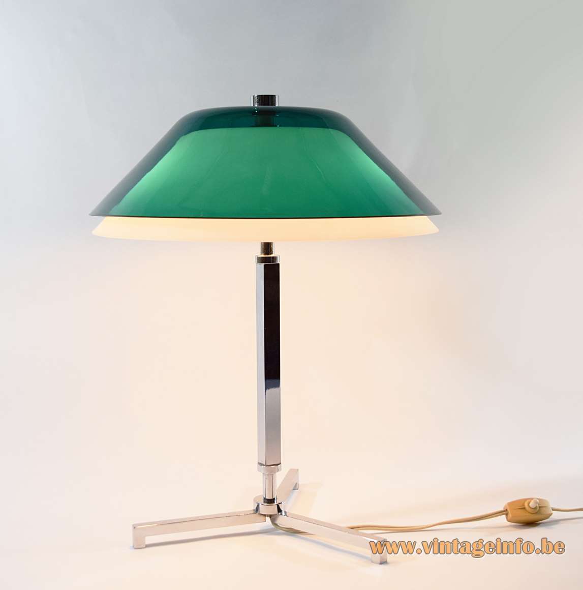 1960s Senior style desk lamp chrome tripod base green opal acrylic Perspex lampshade Jo Hammerborg president