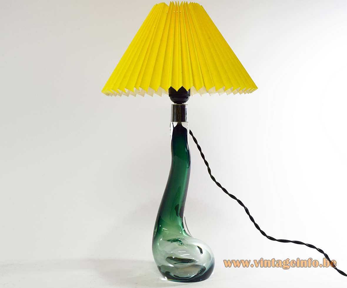 Val Saint Lambert swan table lamp biomorph green & clear glass conical lampshade 1950s 1960s VSL Belgium
