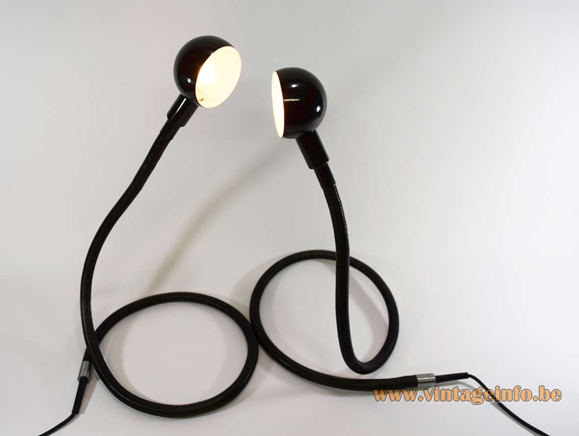 Valenti Hebi table lamps black plastic flexible goose-neck tube 1969 design: Isao Hosoe E14 lamp socket