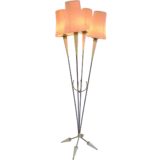 1950s Italian Celluloid Floor Lamp, 4 salmon pink folded Rhodoïd lampshades, brass, iron, plastic, 4 legs
