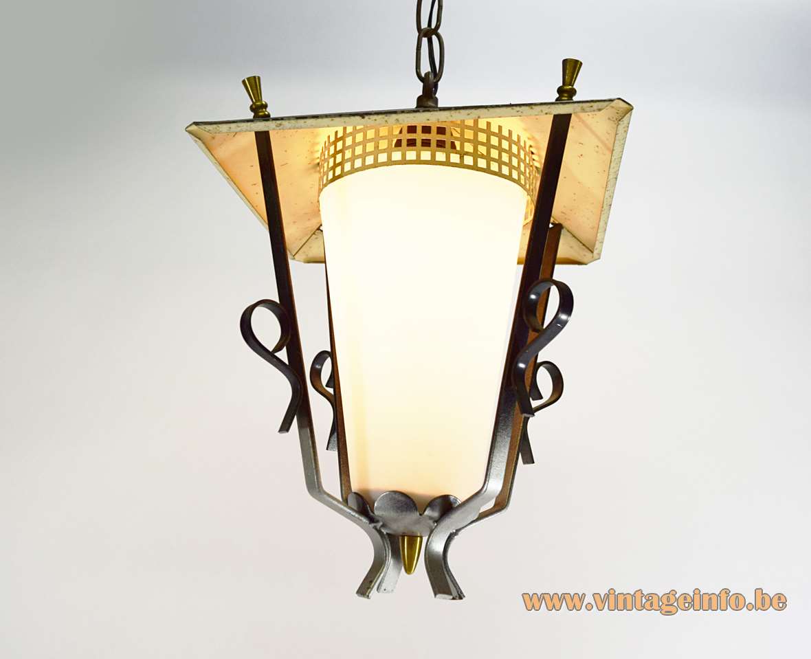 1950s lantern pendant lamp in square forged iron white opal glass and brass perforated decoration Massive