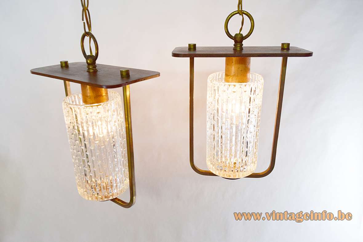 1950s pendant lamps copper rods & chain wood lid pressed glass lampshade 1960s Massive Belgium E27 sockets