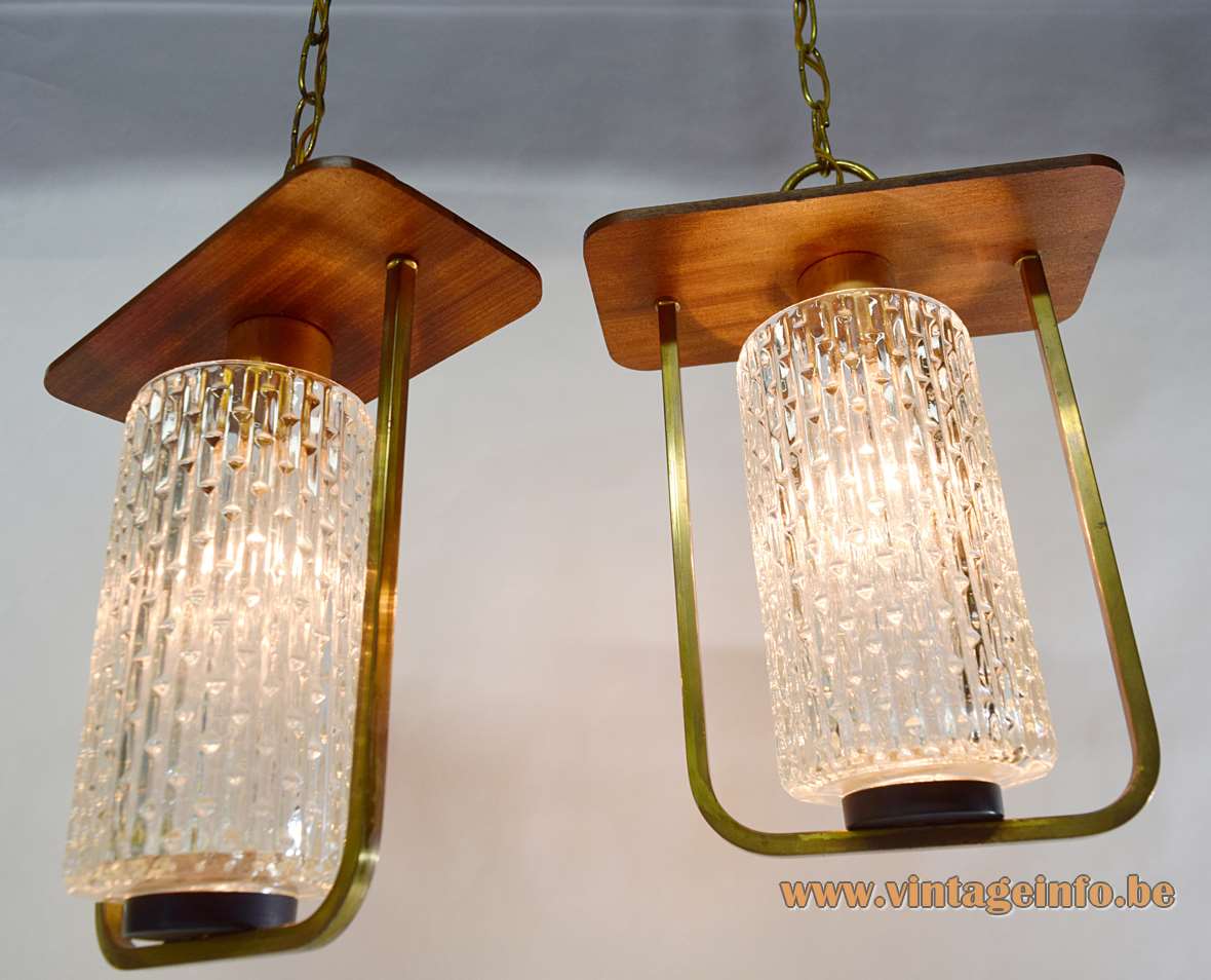 1950s pendant lamps copper rods & chain wood lid pressed glass lampshade 1960s Massive Belgium E27 sockets