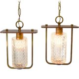 1950s pendant lamps copper rods & chain wood lid pressed glass lampshade 1960s Massive Belgium E27 sockets