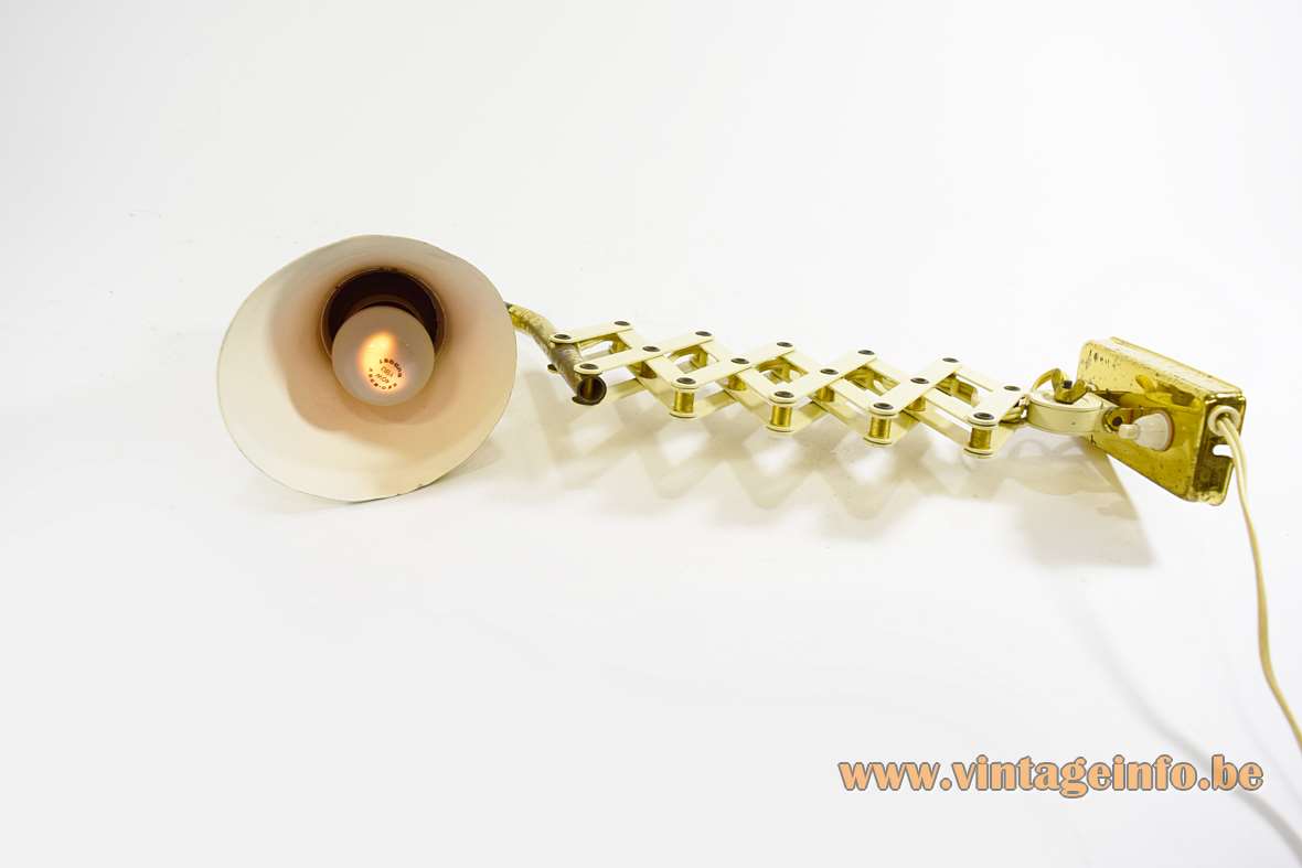 1950s diabolo scissor wall lamp aluminium yo-yo lampshade cream brass rods E27 socket SIS LICHT Germany