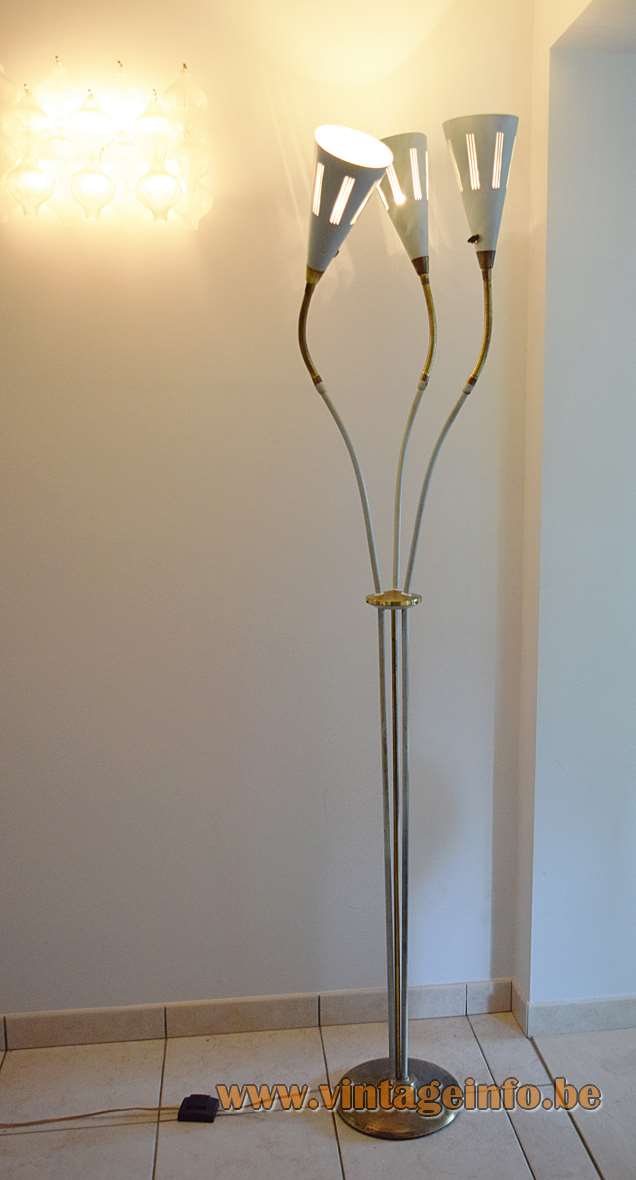 1950s perforated trumpet floor lamp brass base 3 rods & goose-necks blue conical lampshades elongated slots 1960s