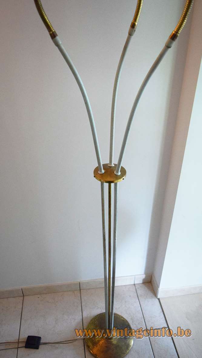 1950s perforated trumpet floor lamp brass base 3 rods & goose-necks blue conical lampshades elongated slots 1960s