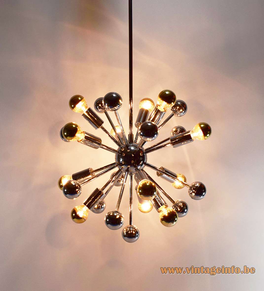 1960s chrome Sputnik chandelier long rods globe & balls 12 silver tipped bulbs Boulanger Belgium 1970s