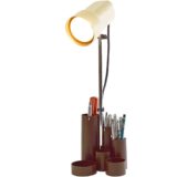 1970s pen tray desk lamp brown plastic base chrome rod cream lampshade Fischer Leuchten Germany 1980s